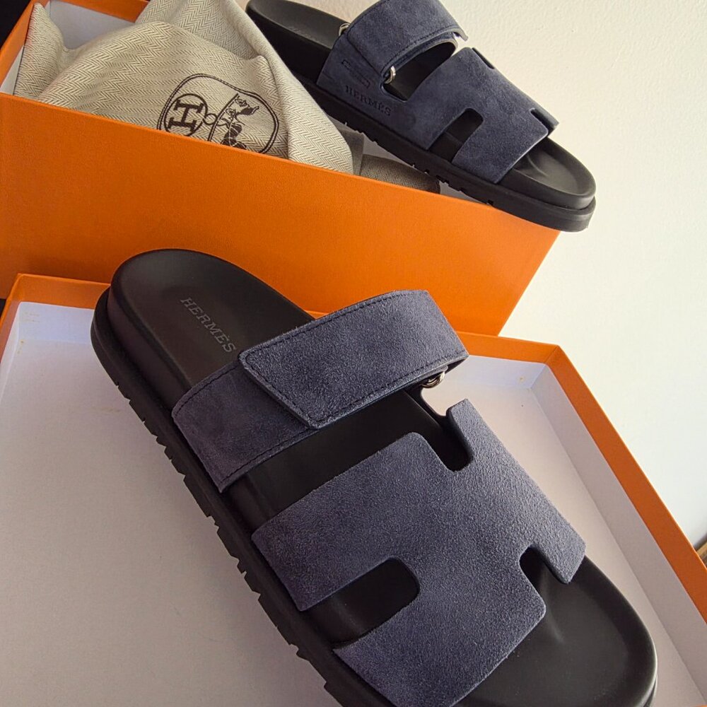 Hermès Chypre Sandal Suede Goatskin Blue Celeste Size 39.5 Excellent condition - Picture 9 of 12